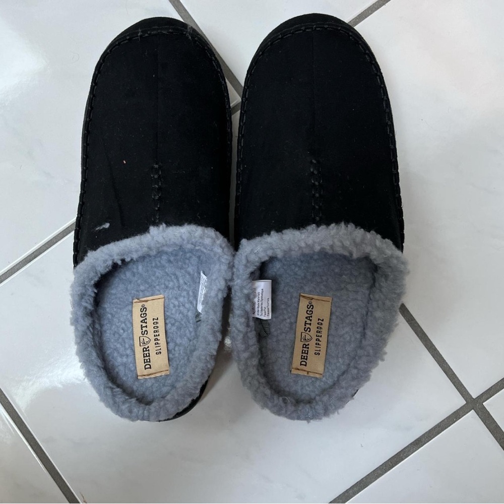 Deer Stags Black Slippers with Soft Gray Interior